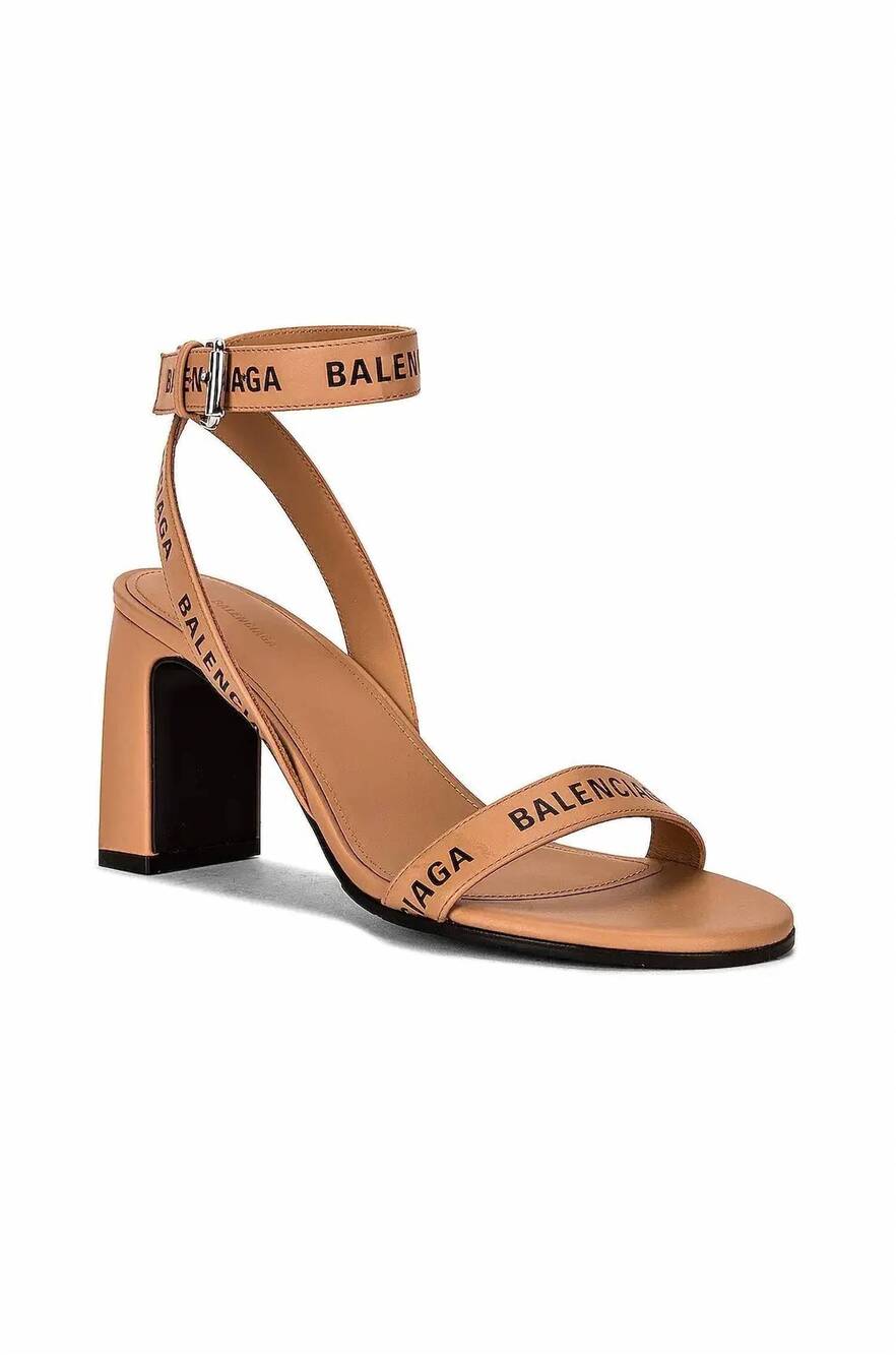 NEW BALENCIAGA women's logo block heel sandal in beige/black